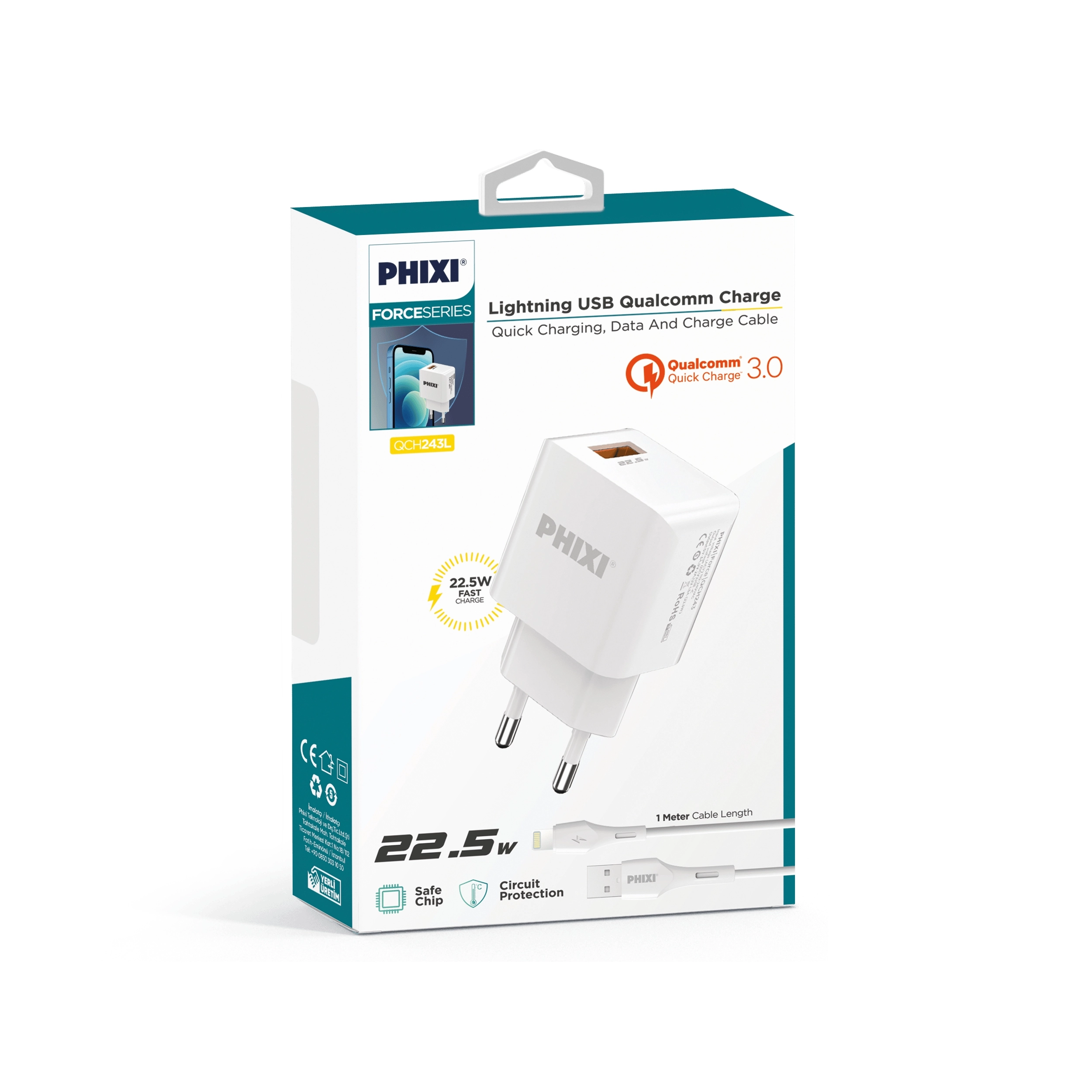PHİXİ QCH243L 22,5W 3.0A LİGHTNİNG USB ŞARJ SETİ