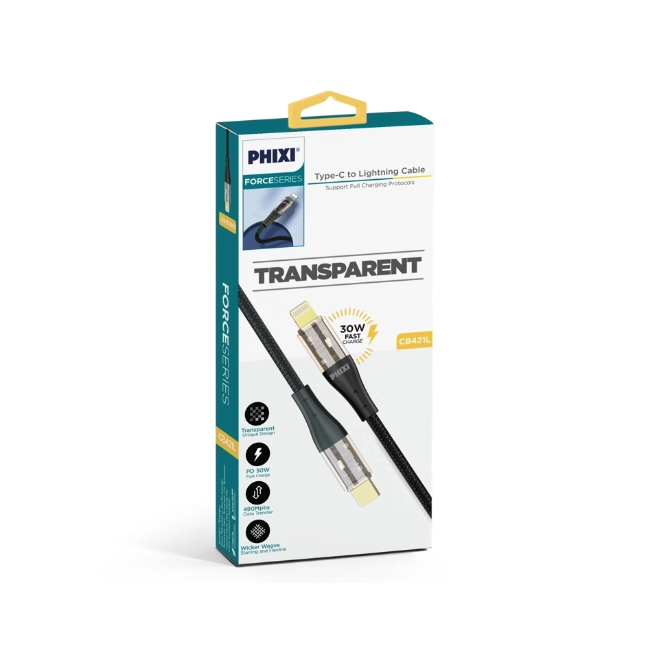 PHİXİ FORCE CB421L 30W ŞEFFAF METAL UÇ TYPE-C TO LİGHTNİNG KABLO