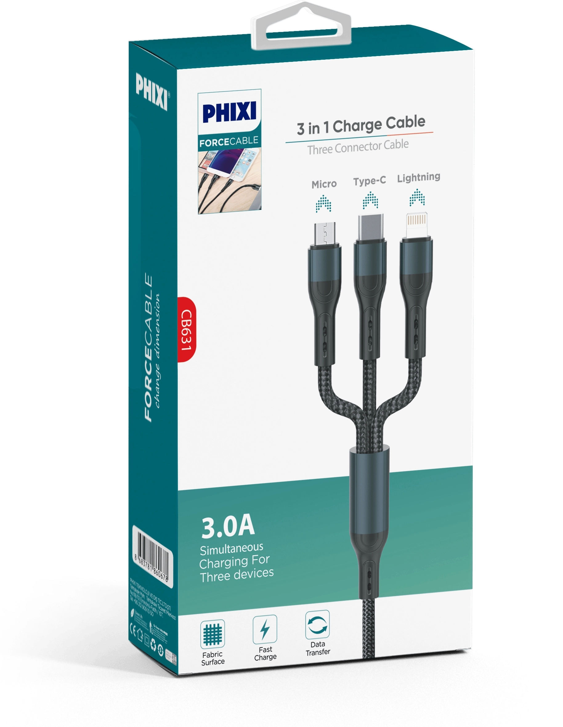 PHİXİ CB631 3.0A MİCRO/TYPE-C/LİGHTNİNG USB KABLO