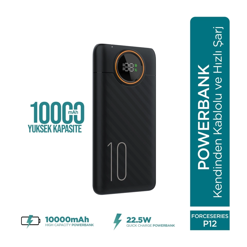 PHİXİ P12 10.000mAh 22.5W LCD EKRANLI POWERBANK