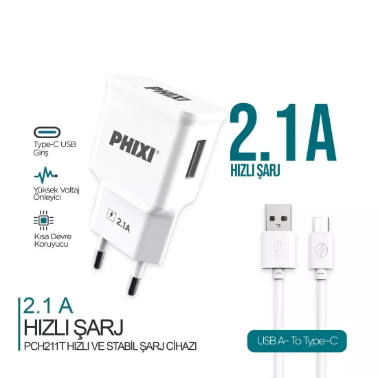 PHİXİ PCH211T 2.1A TYPE-C ŞARJ SETİ