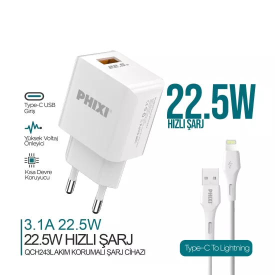 PHİXİ QCH243L 22,5W 3.0A LİGHTNİNG USB ŞARJ SETİ