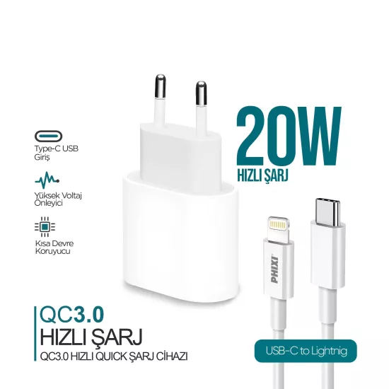 PHİXİ UPD4118L 20W PD LİGHTNİNG ŞARJ SETİ