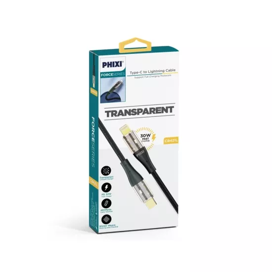 PHİXİ FORCE CB421L 30W ŞEFFAF METAL UÇ TYPE-C TO LİGHTNİNG KABLO
