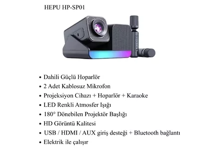 HEPU HP-SP01 – 3’ü 1 Arada Ev Sineması & Karaoke Projeksiyon (2 Mikrofon + Hoparlör Entegre)