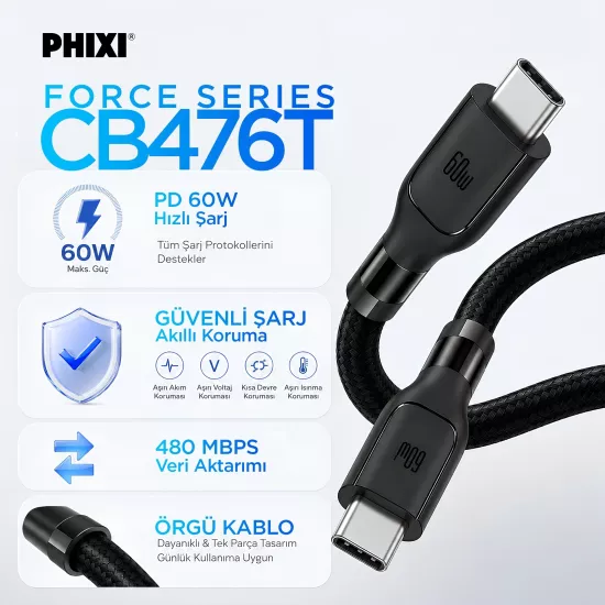 PHİXİ CB476T 60W TYPE-C TO TYPE-C KABLO