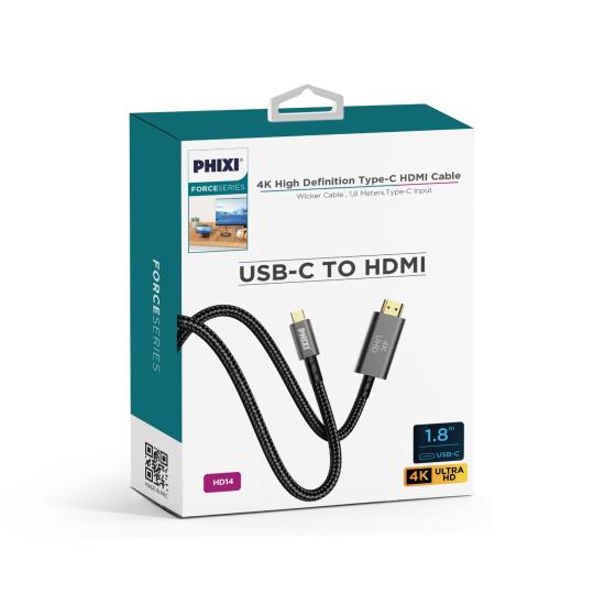 PHİXİ HD14 4K YÜKSEK ÇÖZÜNÜRLÜKLÜ USB-C TO HDMI HASIR KABLO (1.8 MT)