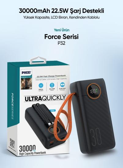 PHİXİ P32 30.000mAh 22.5W LCD EKRANLI POWERBANK